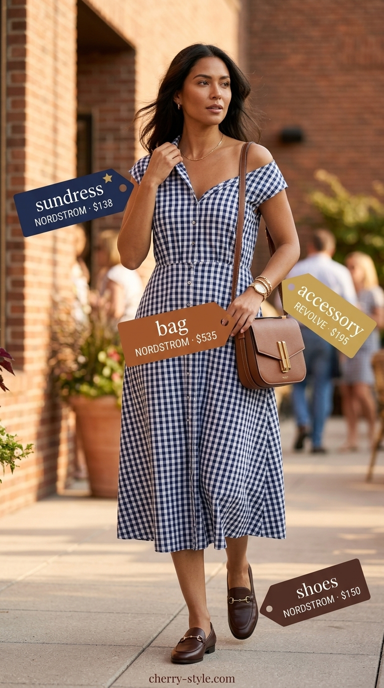 Navy gingham sundress with tan loafers and crossbody bag for a weekend getaway outfit 2026.