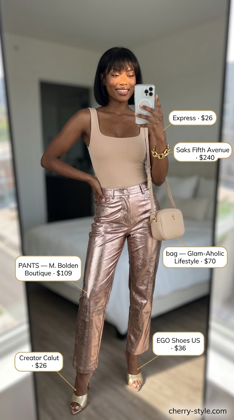 Glam summer going out outfits for women 2026: Bronze faux leather pants, nude tank & gold mules for a trendy bar look.