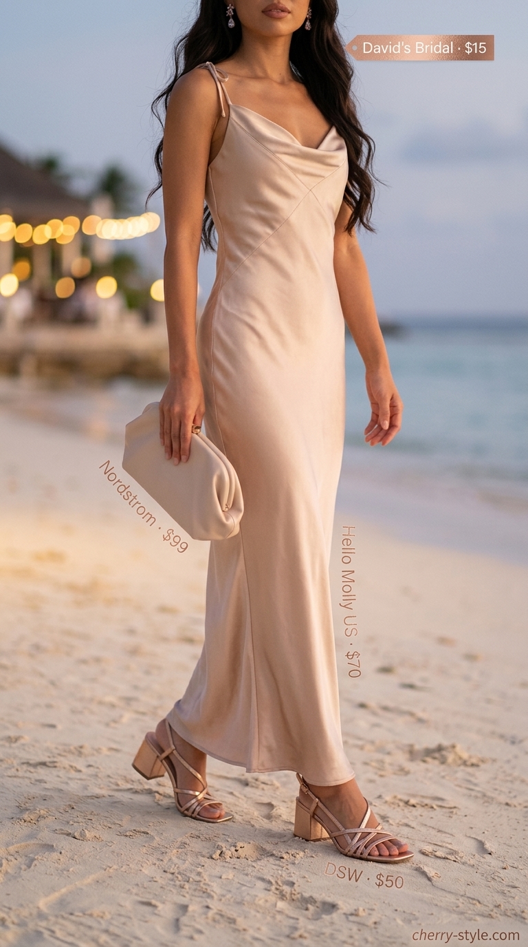 Glam summer going out outfits for women 2026: Champagne satin slip dress, rose gold sandals & clutch for date night or resort dinner.