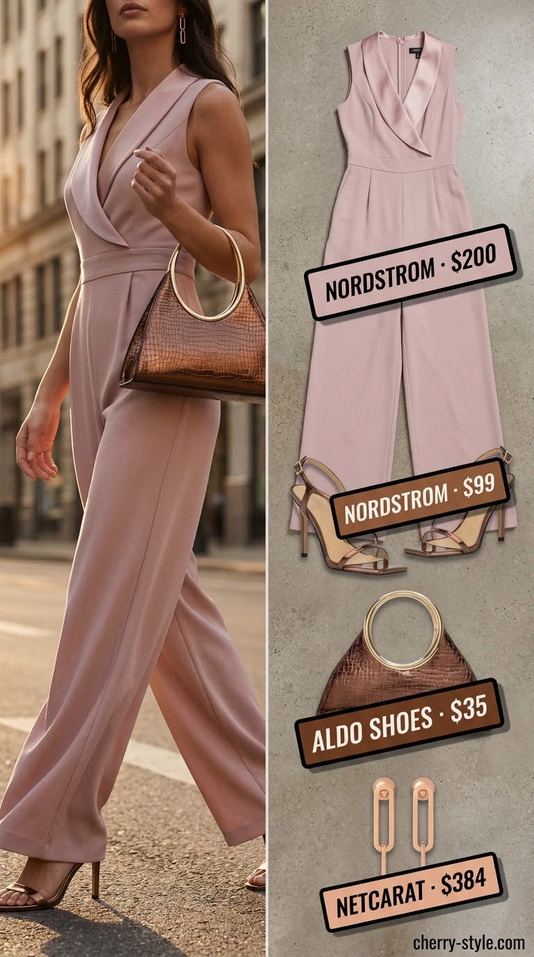 Glam summer going out outfits for women 2026: Dusty rose wide-leg jumpsuit with bronze sandals for a cocktail party.