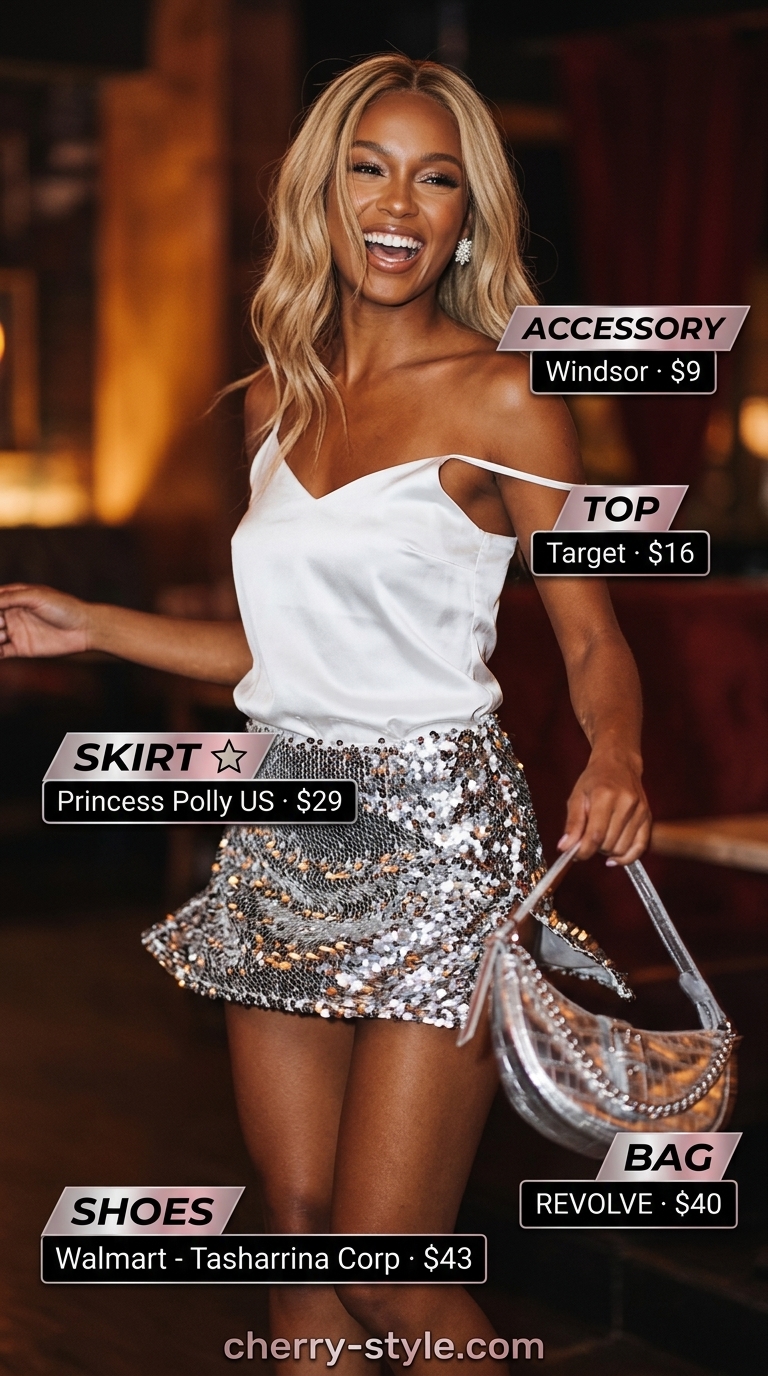 Glam summer going out outfits for women 2026: Iridescent sequin skirt with white cami for a playful club night.