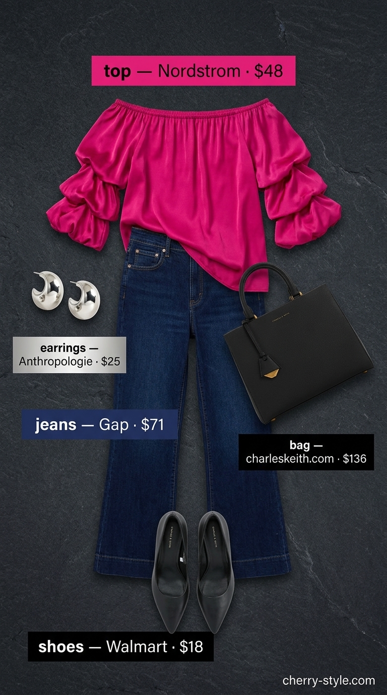 Glam summer going out outfits for women 2026: Dark indigo flare jeans with fuchsia off-the-shoulder top for urban chic.
