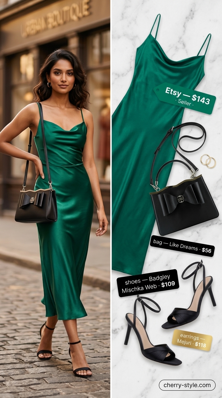 Glam summer going out outfits for women 2026: Emerald green satin slip dress, black heels & gold jewelry for weddings.