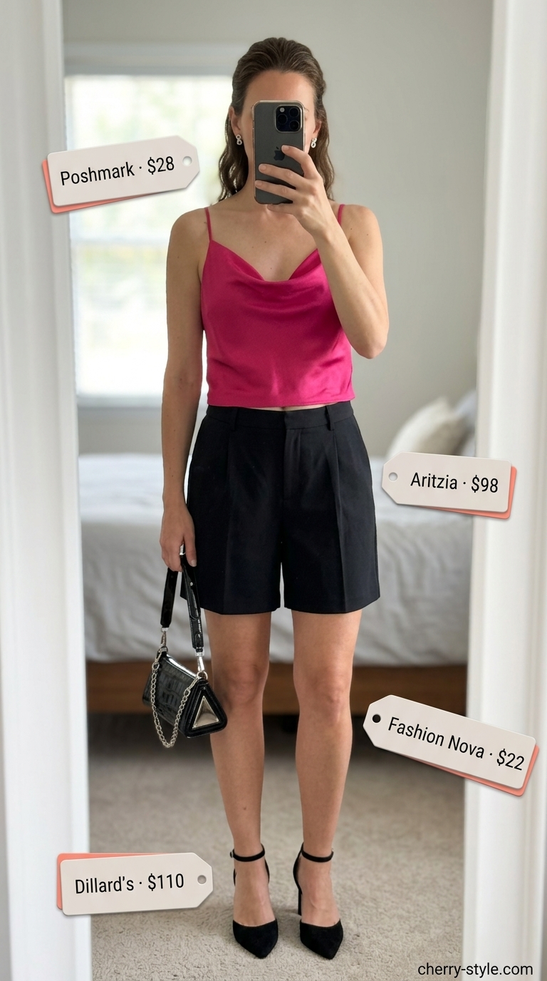 Glam summer going out outfits for women 2026: Fuchsia satin crop top with black shorts for a playful girls' night out.