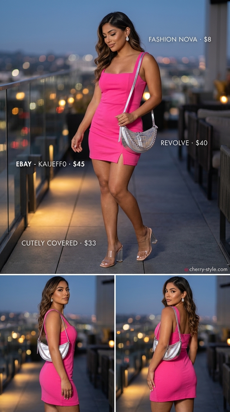 Glam summer going out outfits for women 2026: Hot pink bodycon dress with clear heels for a bold club night.