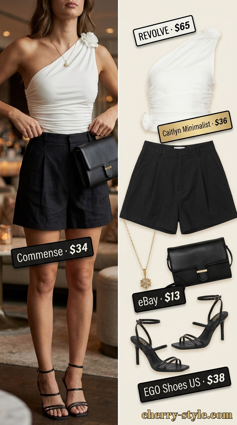 Glam summer going out outfits for women 2026: Black linen shorts with cream satin top for chic summer evenings.