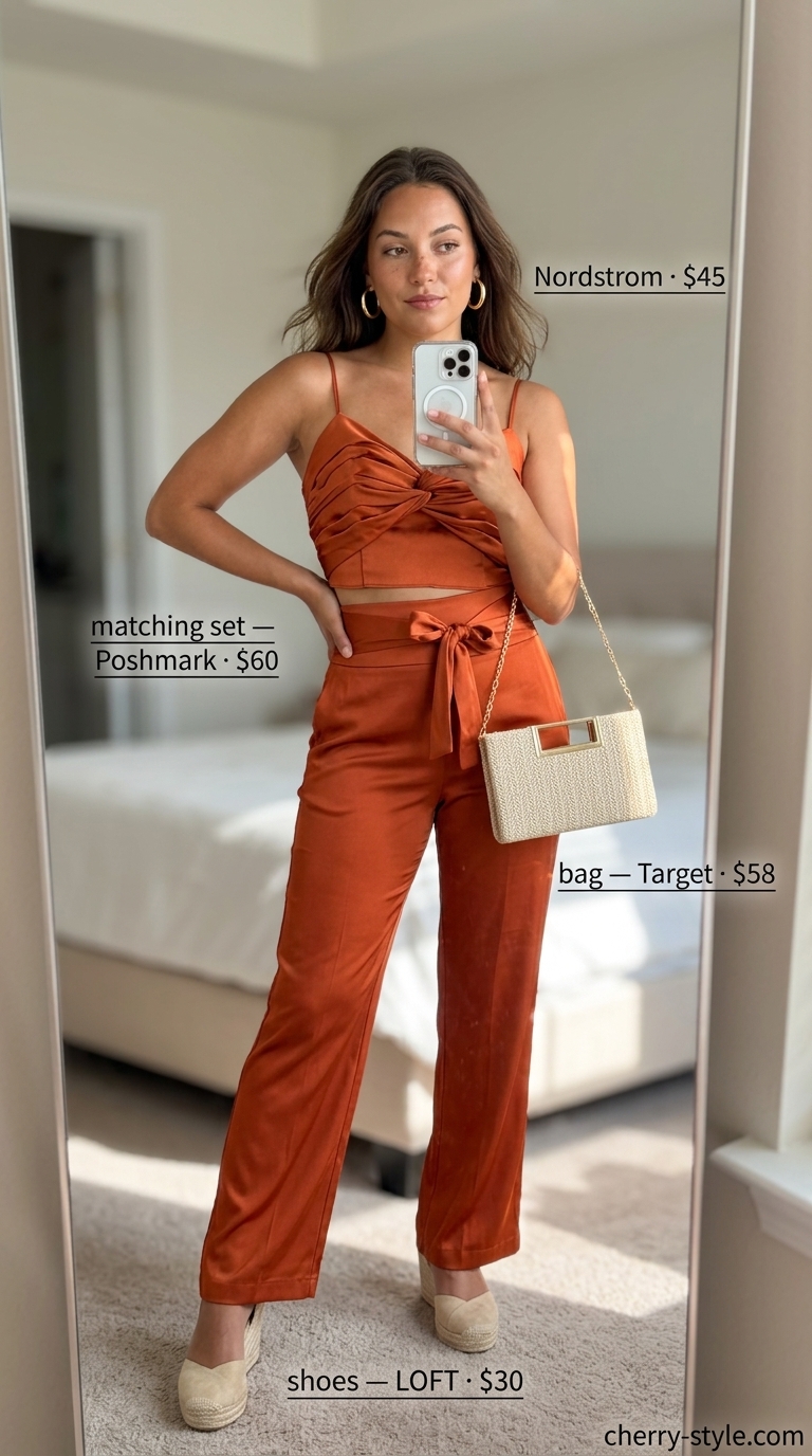 Glam summer going out outfits for women 2026: Sunset orange satin matching set for vacation dinners or summer brunch.