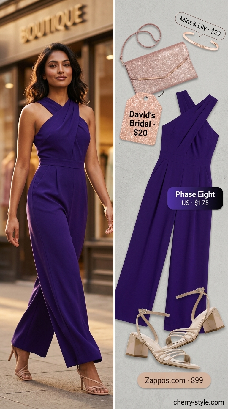 Glam summer going out outfits for women 2026: Deep plum wide-leg jumpsuit, nude sandals & rose gold clutch for formal events.
