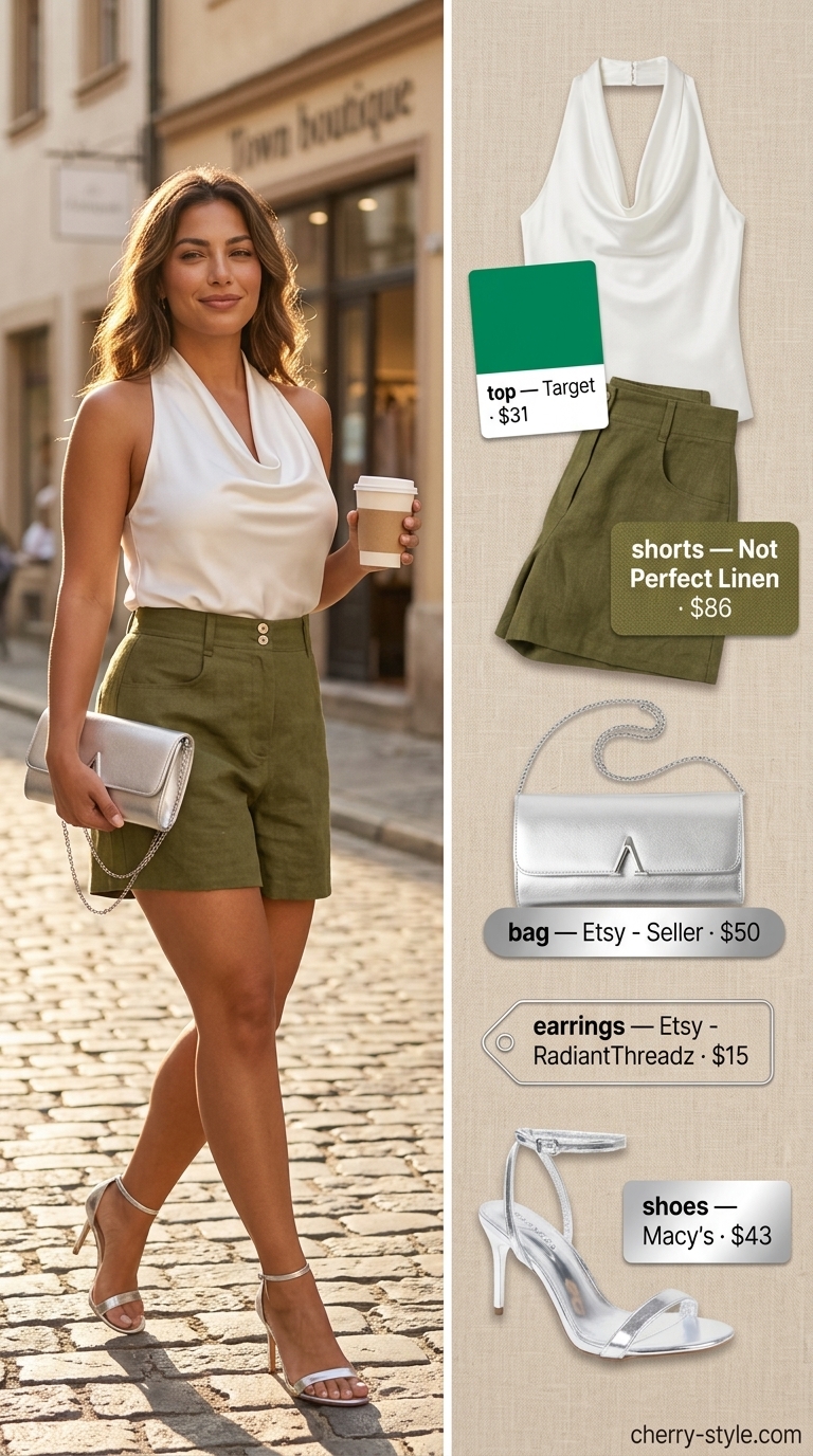 Glam summer going out outfits for women 2026: Cobalt blue linen shorts with white halter top for a sophisticated rooftop bar.