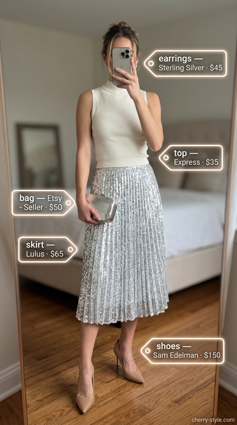 Glam summer going out outfits for women 2026: Iridescent sequin midi skirt, cream knit top & nude pumps for dance clubs.