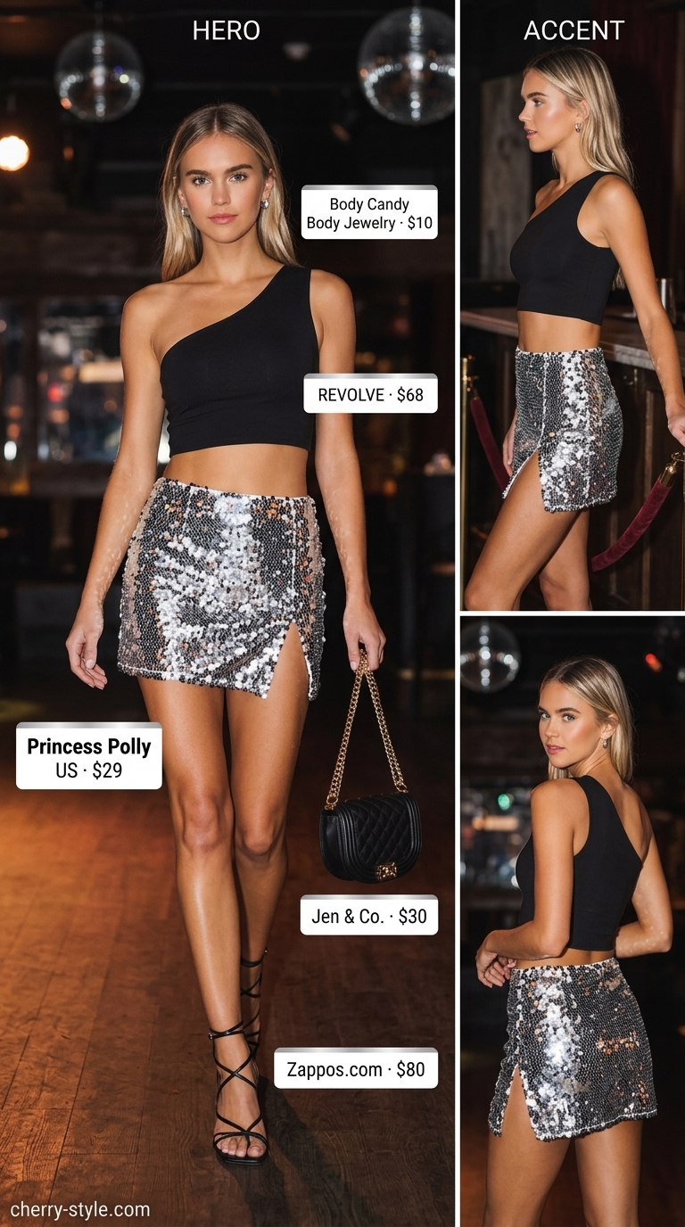 Glam summer going out outfits for women 2026: Silver sequin mini skirt, black one-shoulder top & strappy heels for clubbing.
