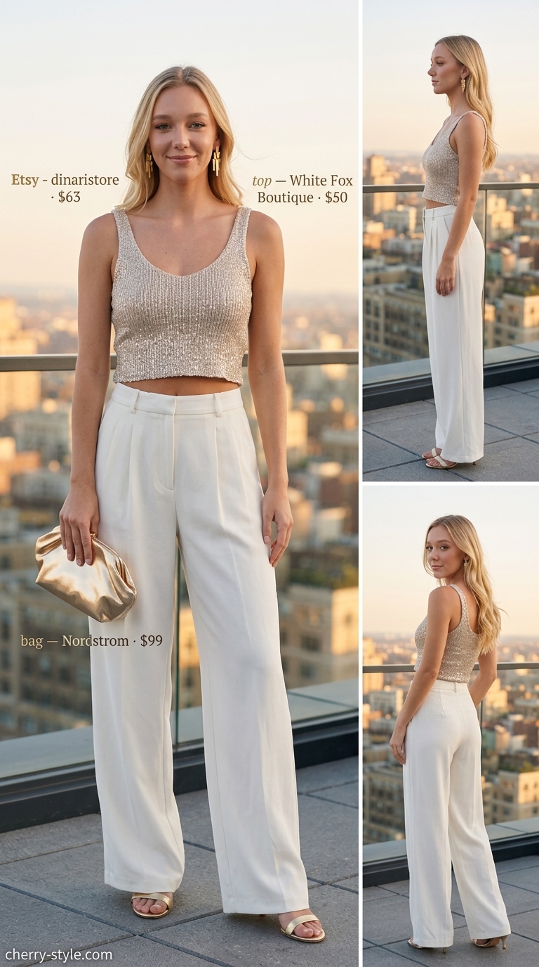 Glam summer going out outfits for women 2026: Ivory wide-leg trousers with champagne gold sequin top for upscale drinks.