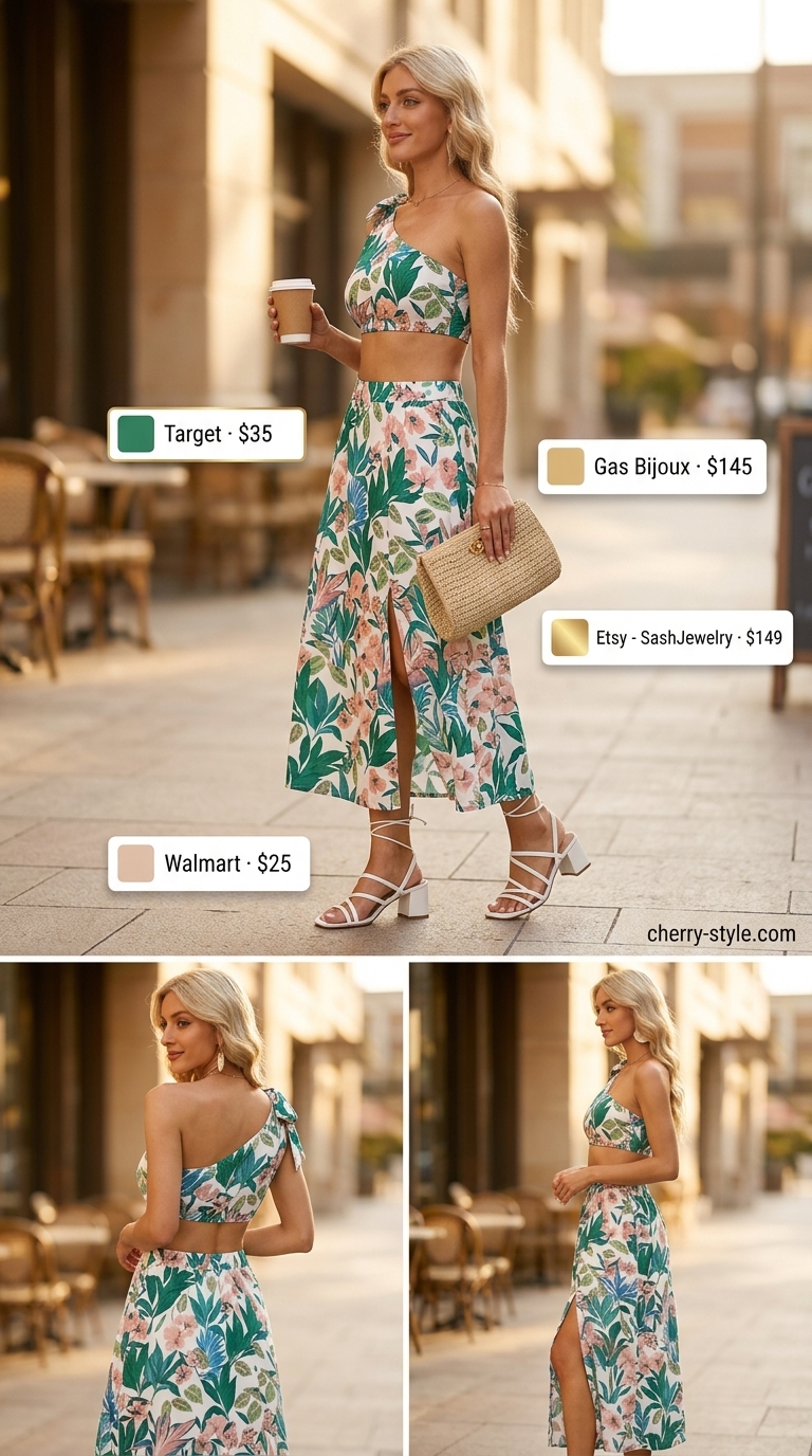 Glam summer going out outfits for women 2026: Tropical print matching set for a resort dinner party.