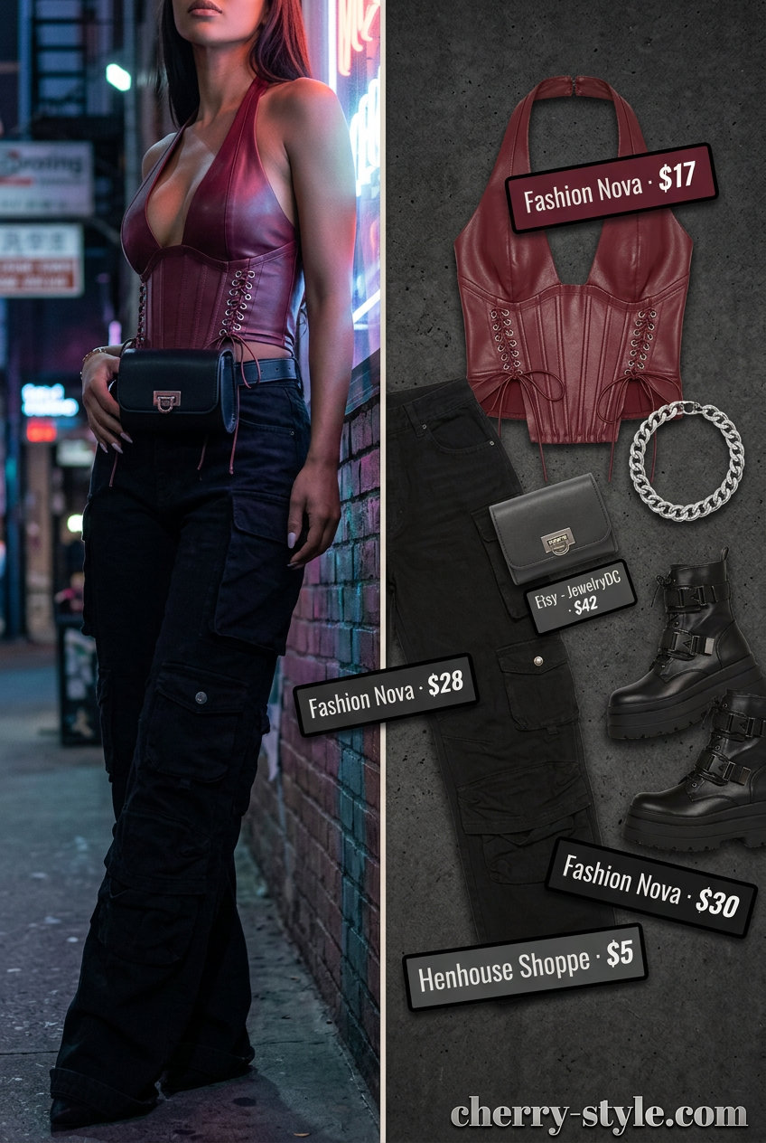 Glam summer night out outfits for women 2026: Deep red corset top, black cargo pants, combat boots, silver chain necklace.