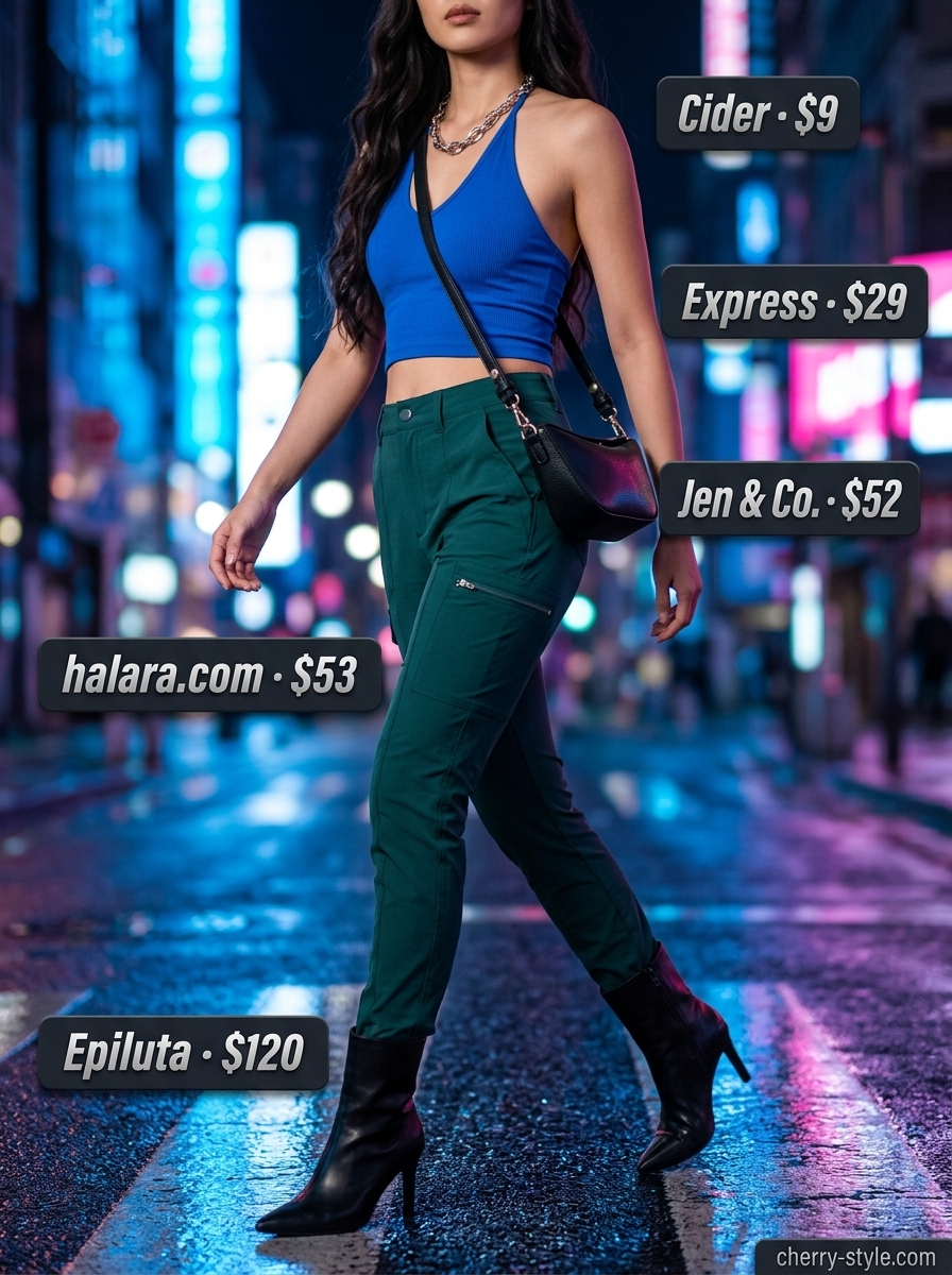 Glam summer night out outfits for women 2026: Electric blue halter crop top, black cargo pants, black ankle boots, silver necklace.