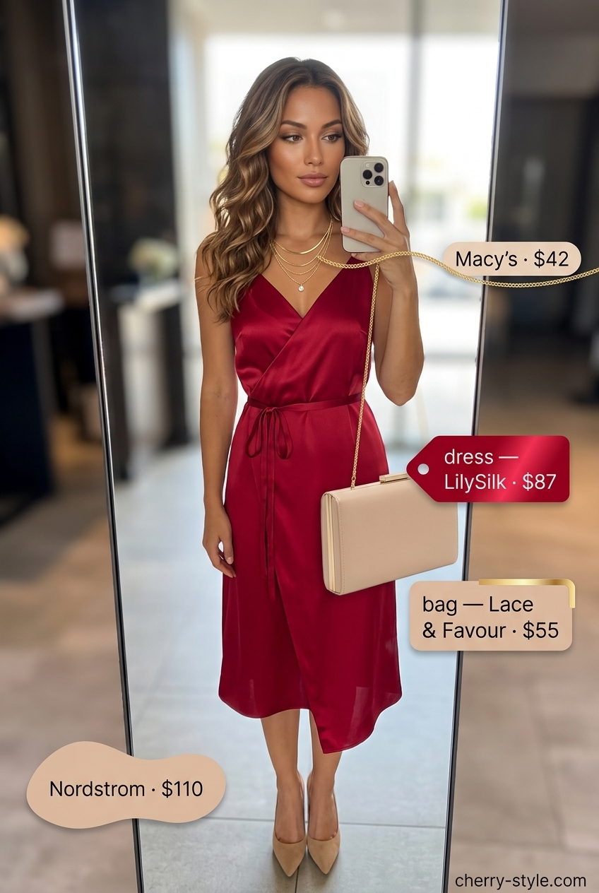Glam summer night out outfits for women 2026: Crimson red wrap dress, nude heels, nude clutch, gold necklaces.