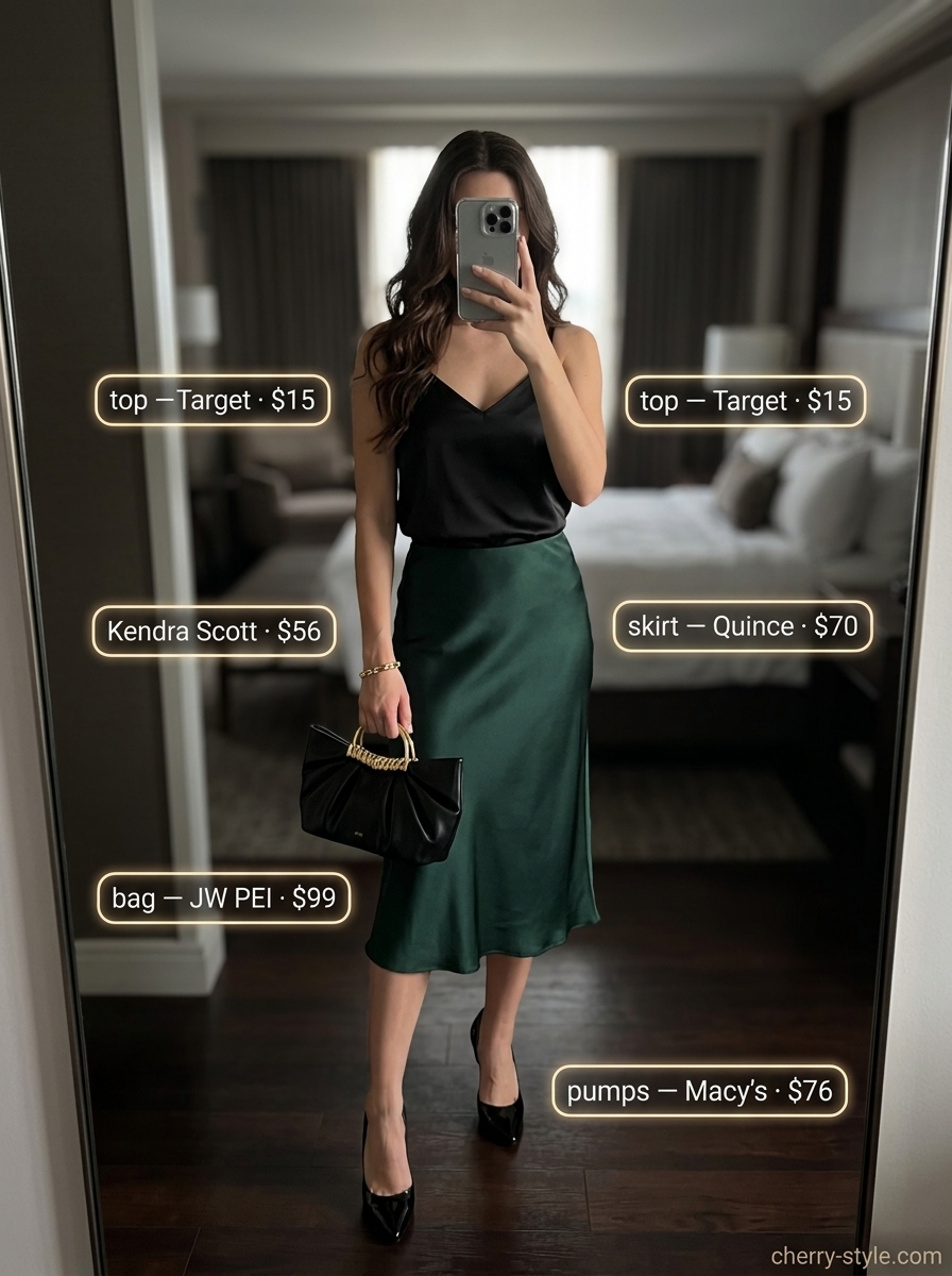 Glam summer night out outfits for women 2026: Emerald green satin midi skirt, black camisole, black pumps, gold bracelet.