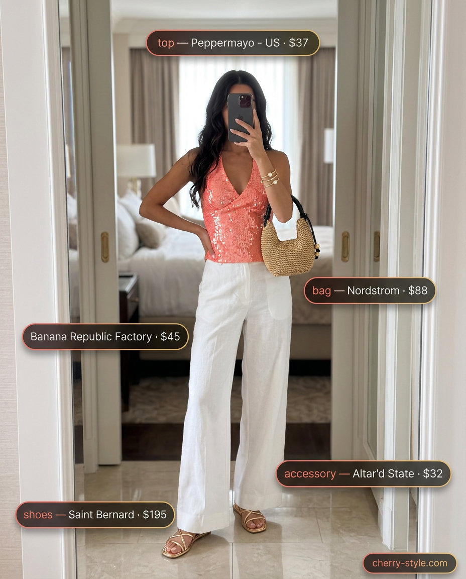 Glam summer night out outfits for women 2026: Coral halter top, white palazzo pants, gold bangles, straw bag, nude sandals.
