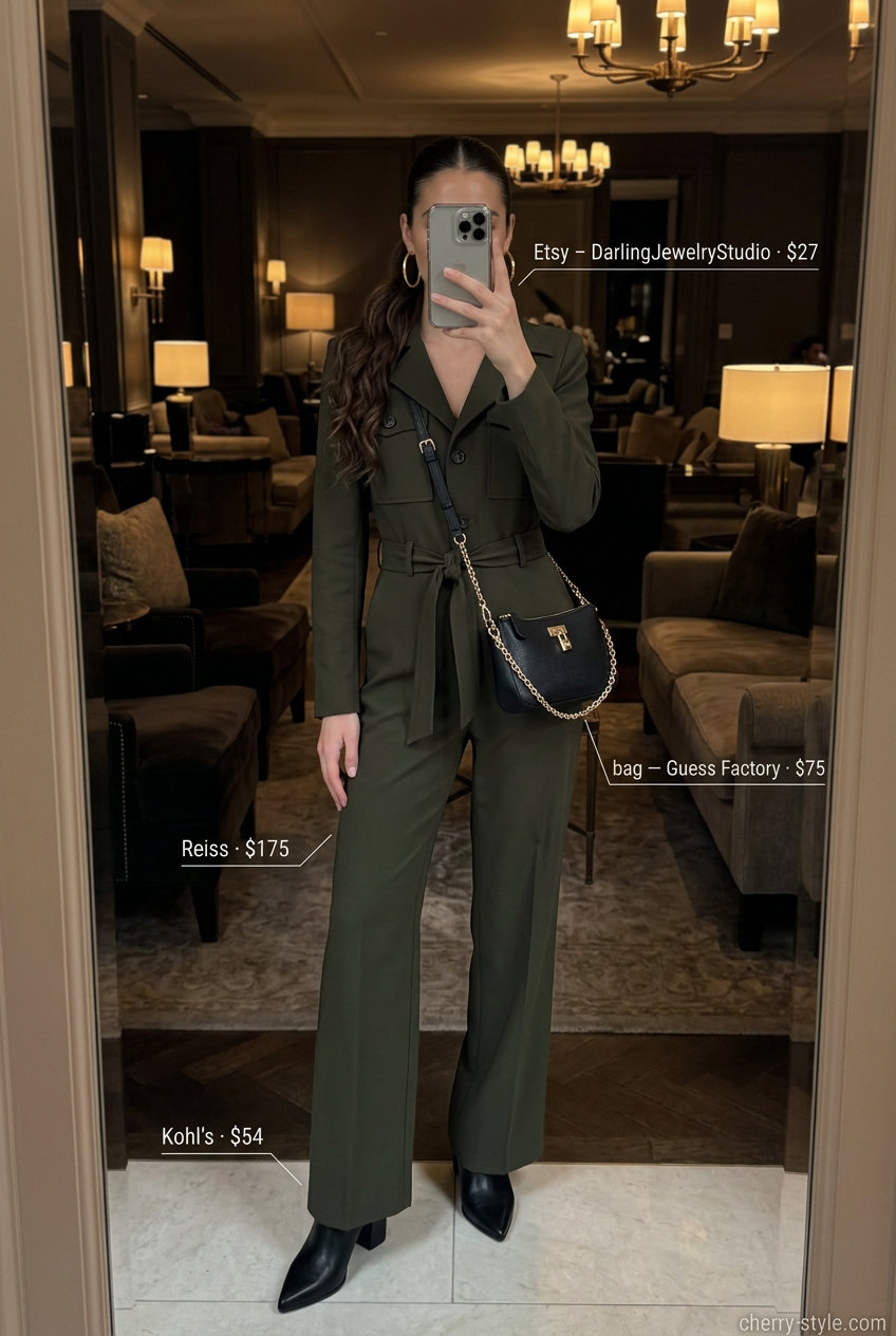 Glam summer night out outfits for women 2026: Olive green utility jumpsuit, gold hoops, black mules, black crossbody bag.