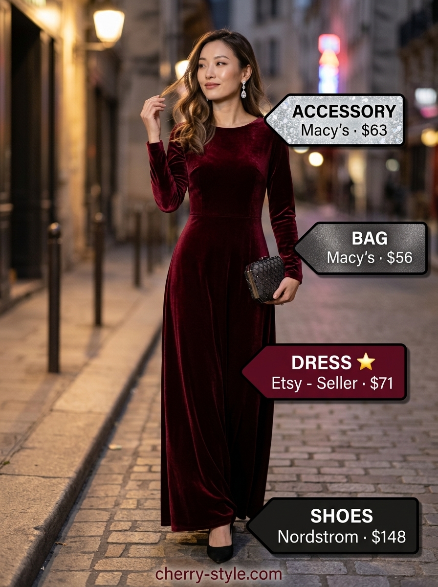 Glam summer night out outfits for women 2026: Burgundy velvet maxi dress, black pumps, silver drop earrings, black clutch.