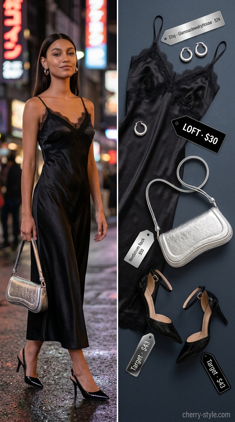 Seductive summer night out outfit: Black satin slip dress, silver hoop earrings, and silver mini bag.