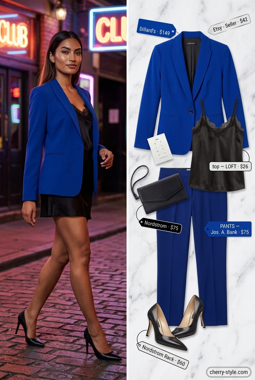 Modern summer night out outfit: Cobalt blue power suit, black camisole, and pointed-toe pumps.