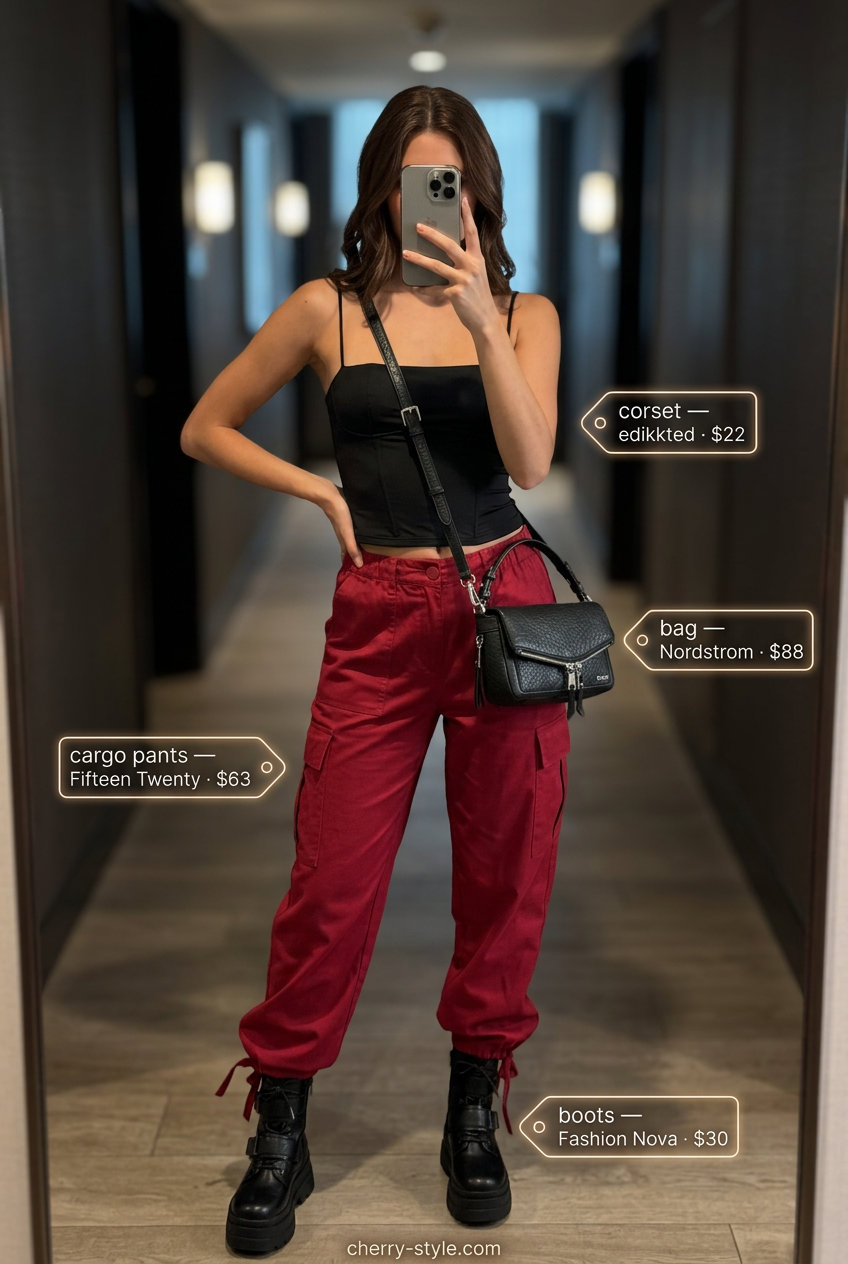 Edgy summer night out outfit: Crimson cargo pants, black corset top, silver chains, and combat boots.