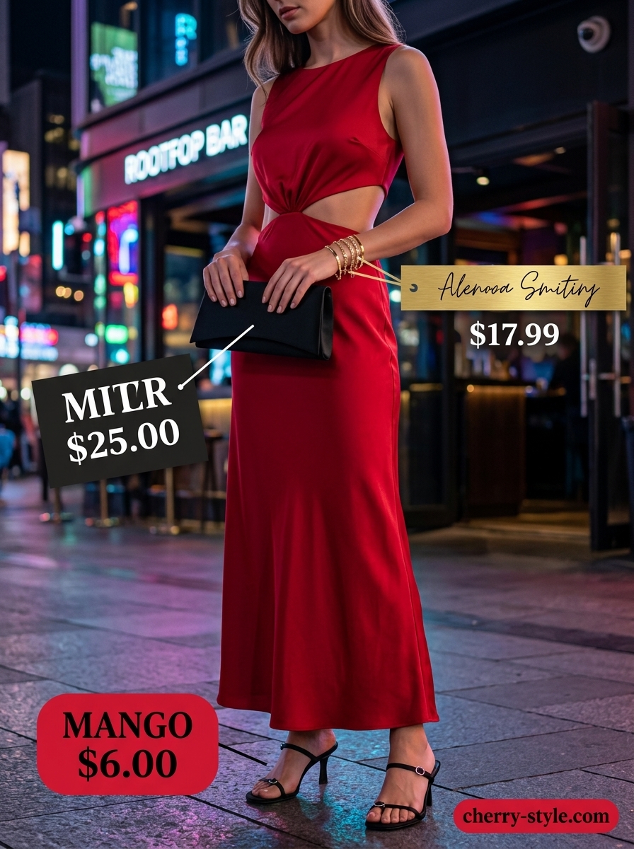 Glam summer night out outfits for women 2026: Crimson red cut-out maxi dress with black sandals and gold jewelry.
