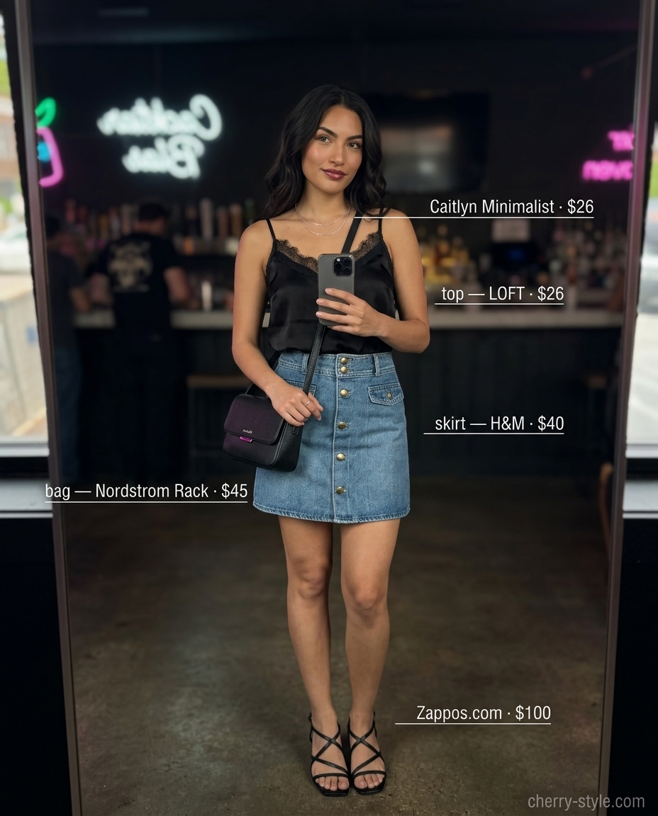 Casual chic summer night out outfit: Denim mini skirt, black camisole, and strappy heels.