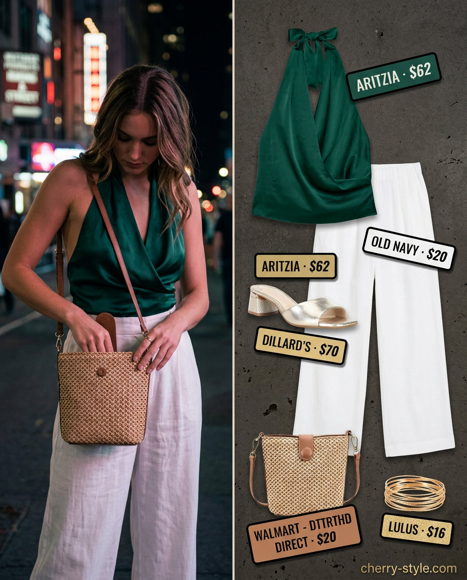 Glam summer night out outfits for women 2026: Emerald green halter top, white wide-leg pants, straw bag, gold jewelry.
