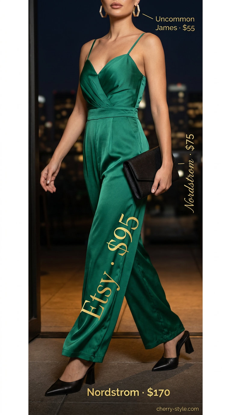 Chic summer night out outfit: Emerald green satin jumpsuit, gold statement earrings, and black heels.