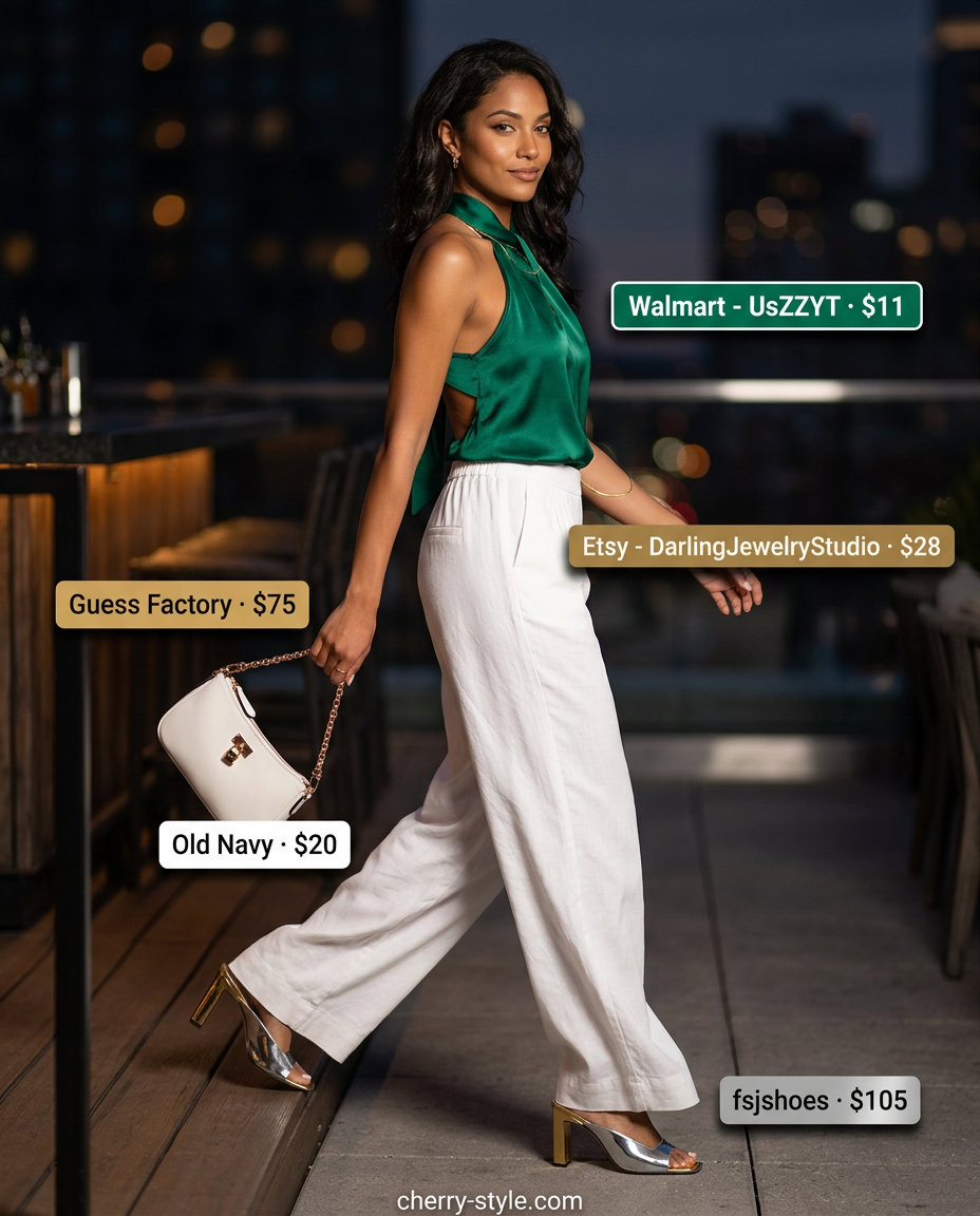 Glam summer night out outfits for women 2026: Emerald green halter top, white linen pants, gold heels, and crossbody bag.