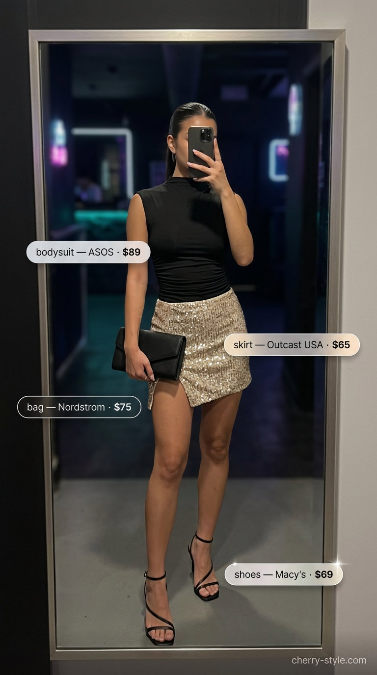 Glam summer night out outfits for women 2026: Gold sequin mini skirt, black bodysuit, and black heeled sandals.
