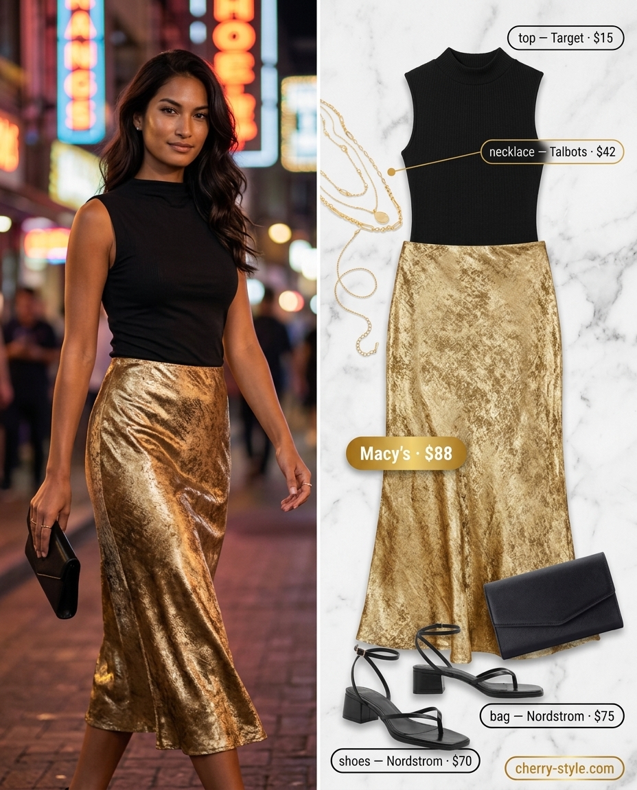 Glam summer night out outfit: Gold midi skirt, black turtleneck top, gold necklaces, and black heels.