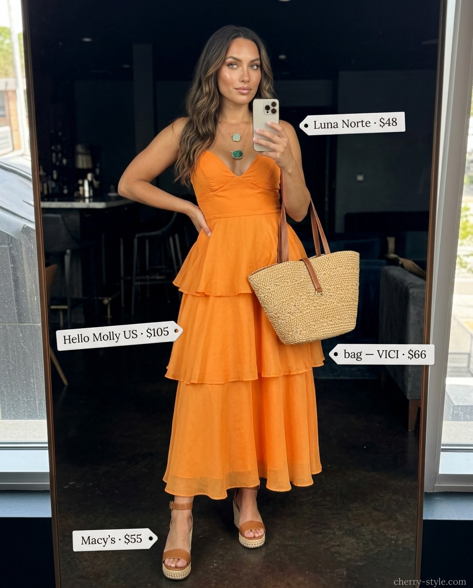 Bohemian summer night out outfit: Sunset orange maxi dress, wedge espadrilles, and layered gold necklaces.