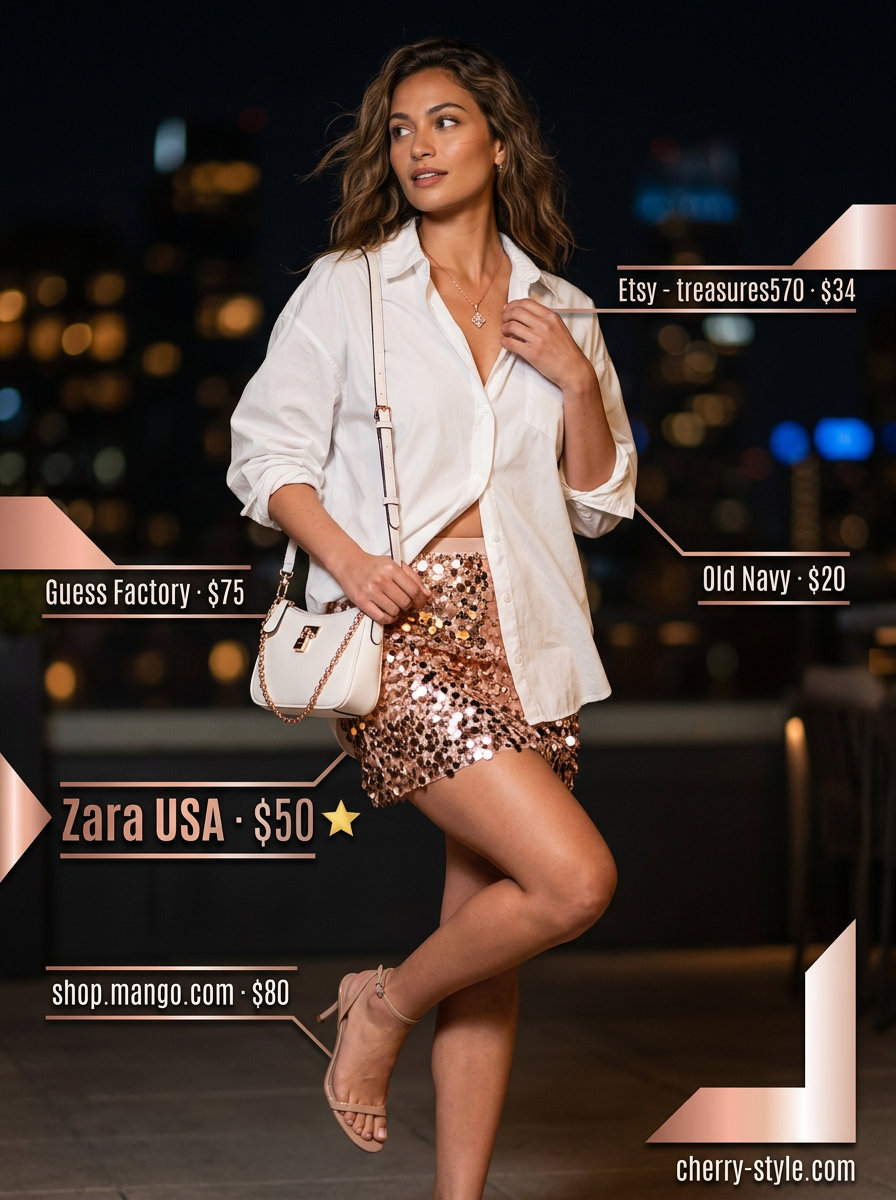 Playful summer night out outfit: Rose gold sequin skirt, white oversized shirt, and nude heels.