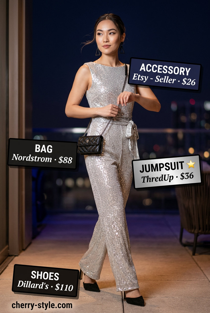 Glam summer night out outfits for women 2026: Silver metallic jumpsuit with black heels and statement earrings.