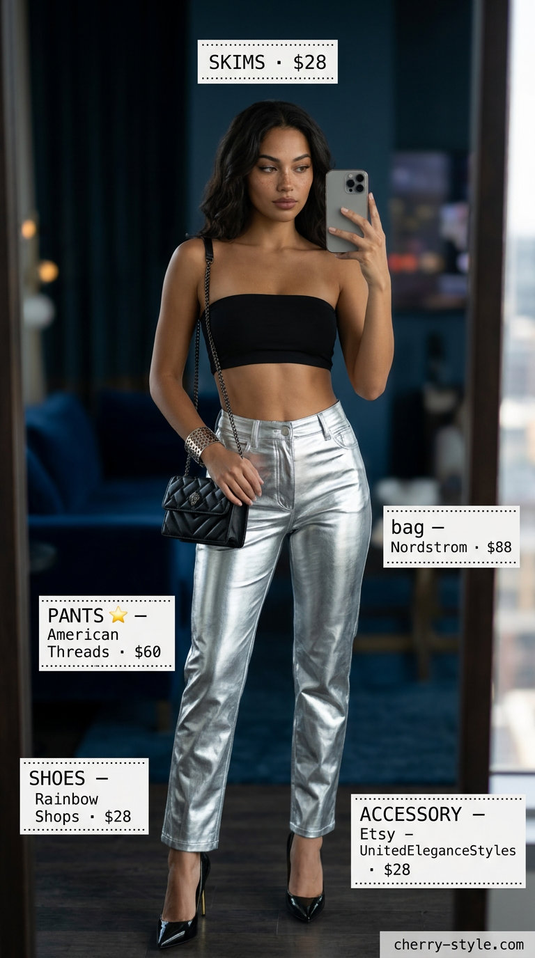 Bold summer night out outfit: Silver metallic pants, black bandeau top, and black heels.