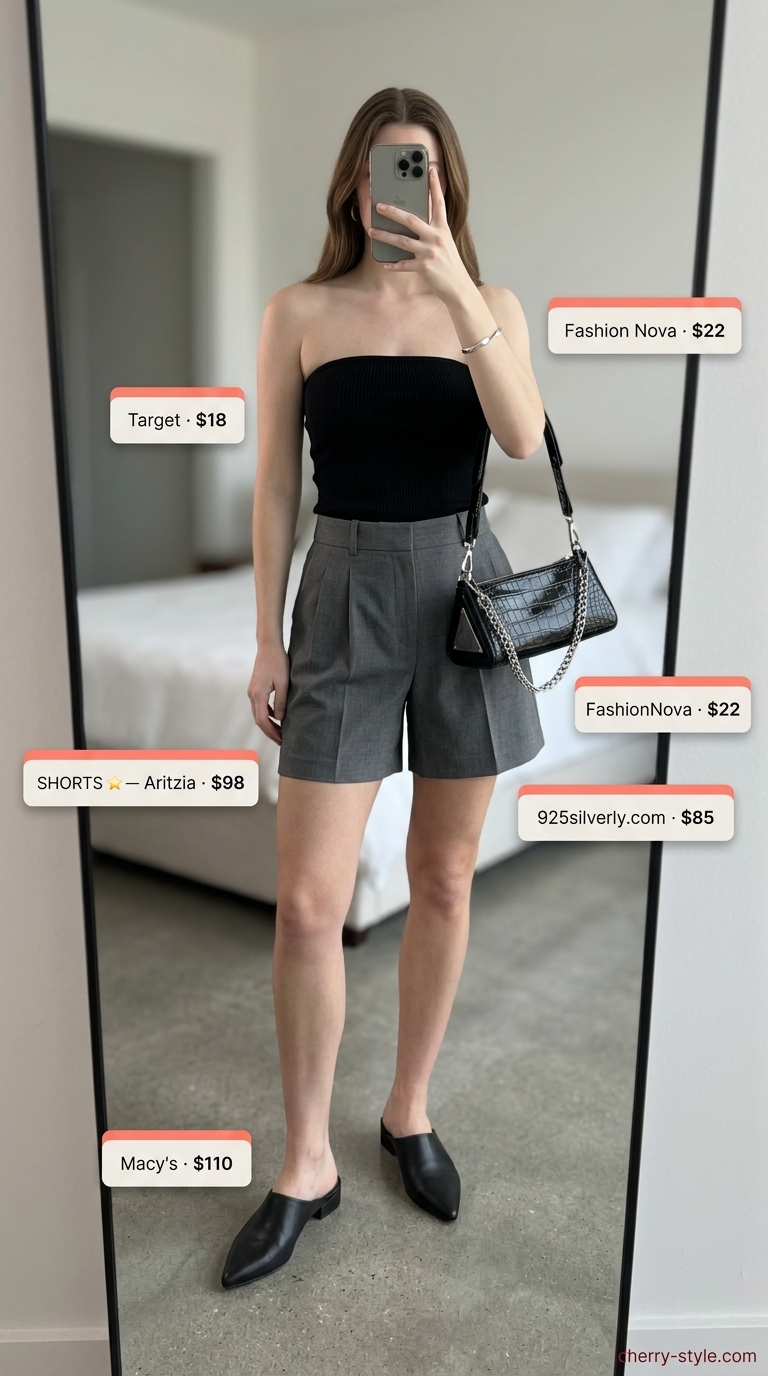 Sleek knit summer tube top outfits for women 2026: black fine gauge tube top, tailored grey shorts, leather mules.