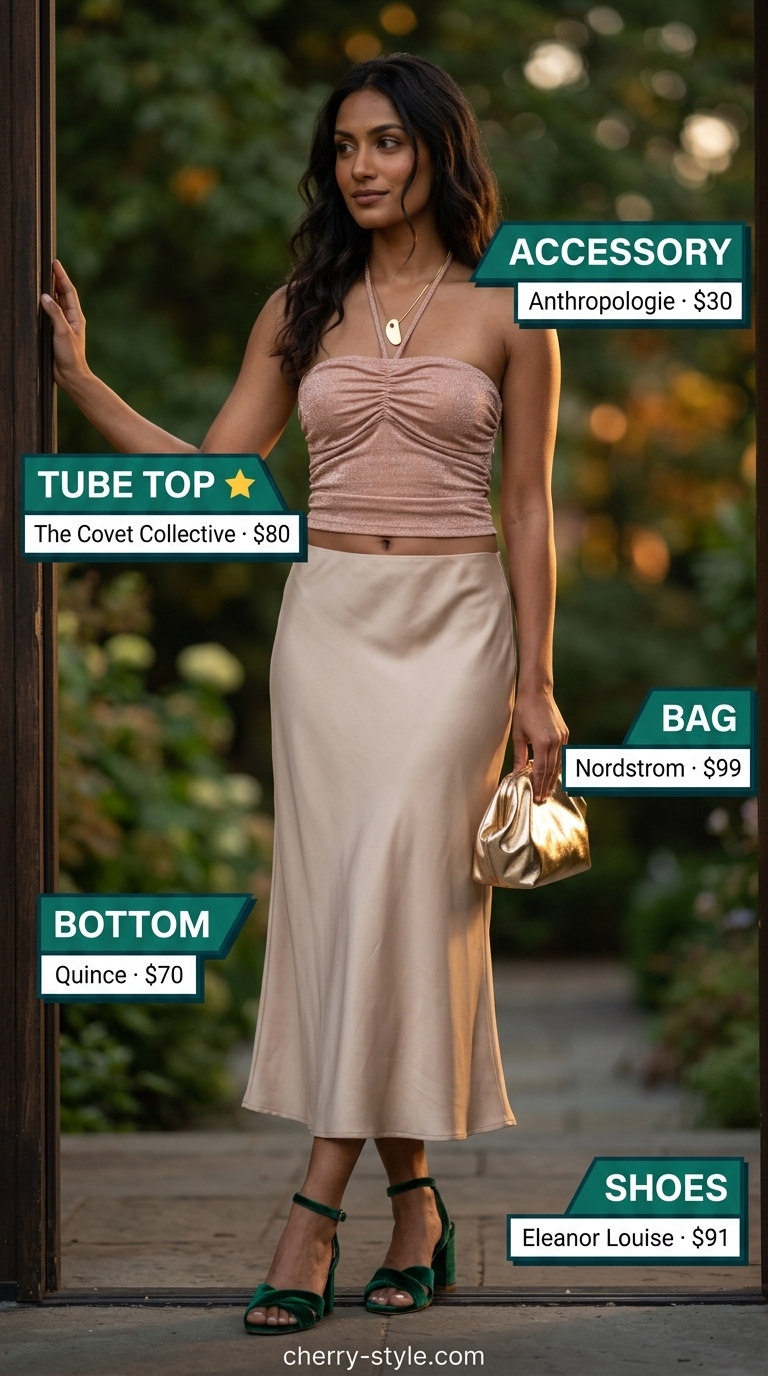 Glamorous knit summer tube top outfits for women 2026: bronze metallic tube top, silk slip skirt, block heels.