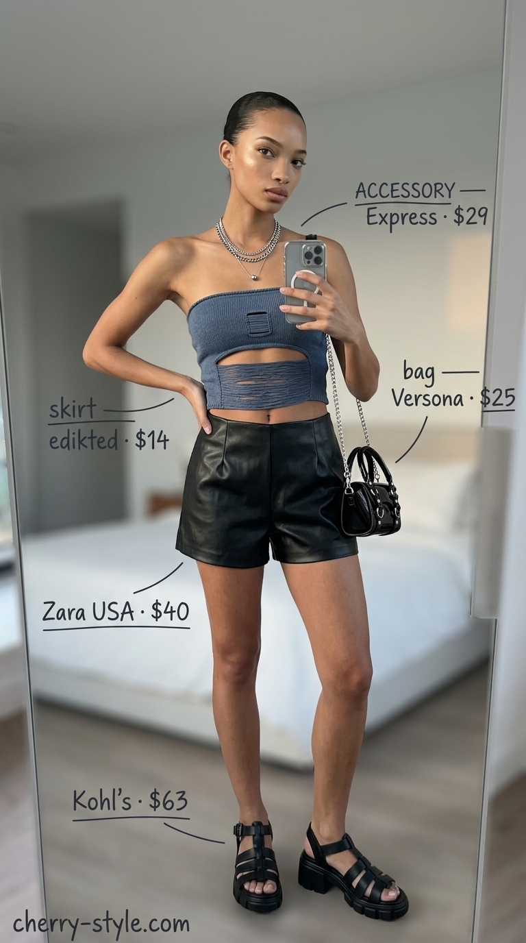 Edgy knit summer tube top outfits for women 2026: charcoal grey distressed tube top, faux leather shorts, combat boots.