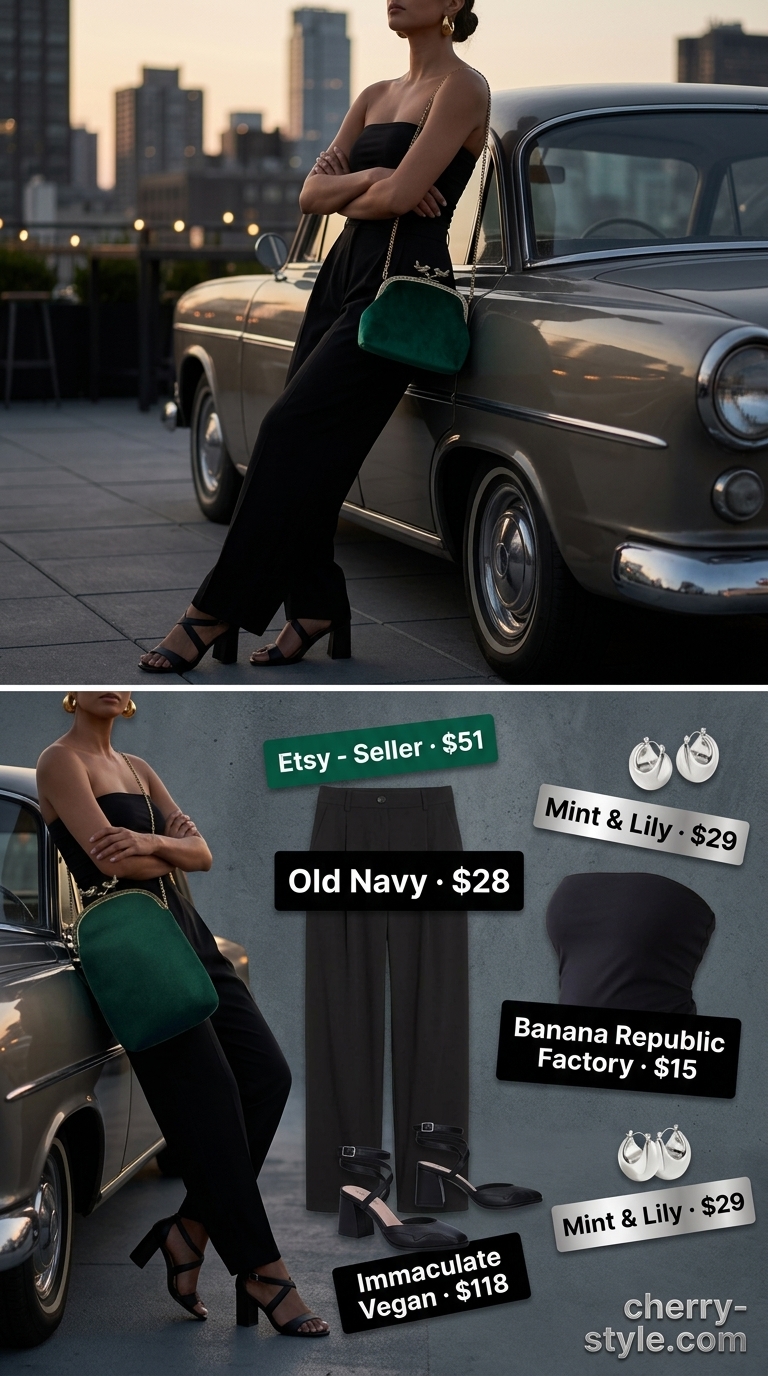 Sophisticated knit summer tube top outfits for women 2026: black fitted tube top, emerald wide-leg trousers, silver hoops.