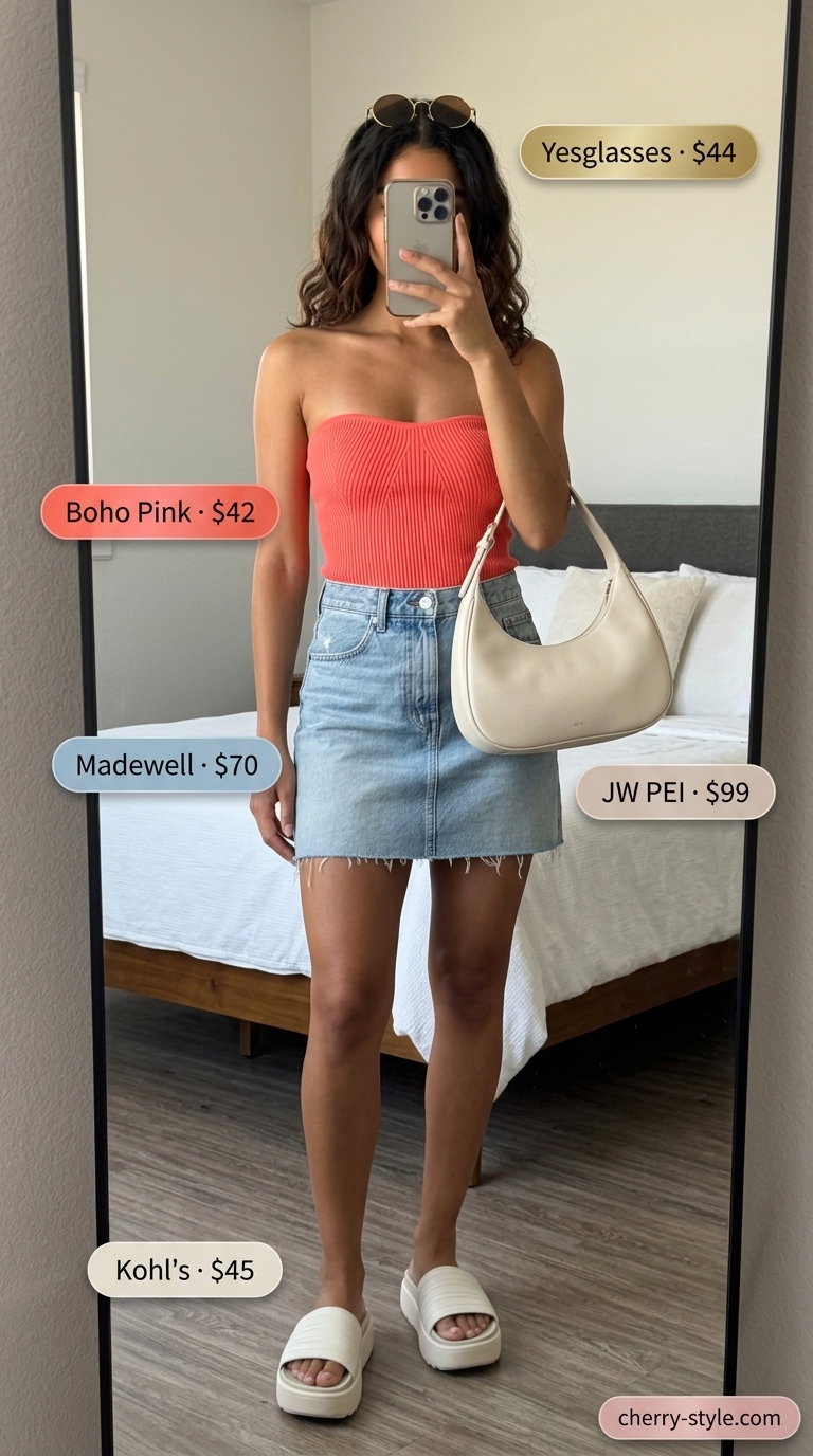 Playful knit summer tube top outfits for women 2026: coral tube top, denim mini skirt, platform slides.