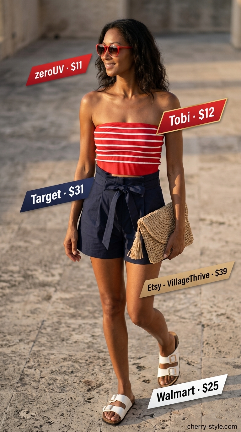 Retro knit summer tube top outfits for women 2026: striped tube top, navy paperbag shorts, straw clutch.