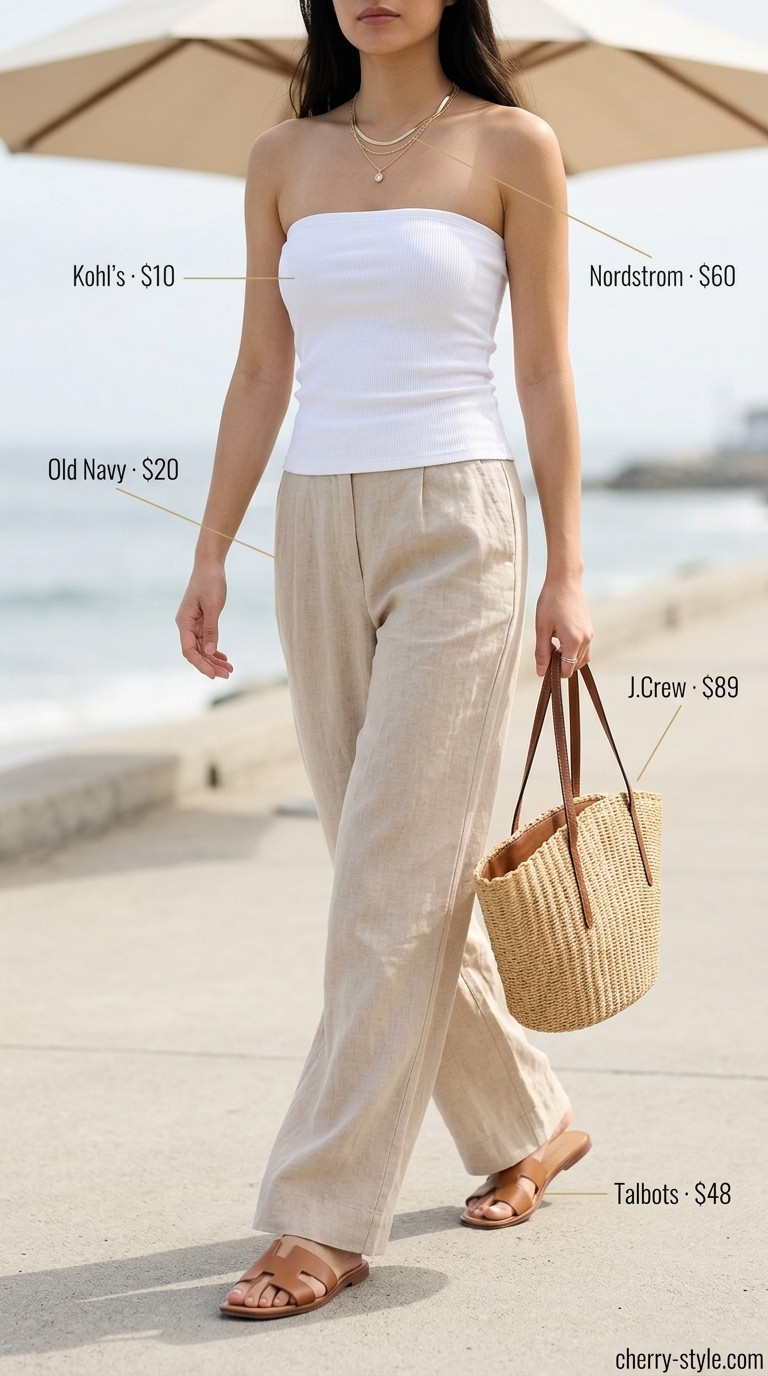Elegant knit summer tube top outfits for women 2026: white fitted tube top, beige linen trousers, straw tote.