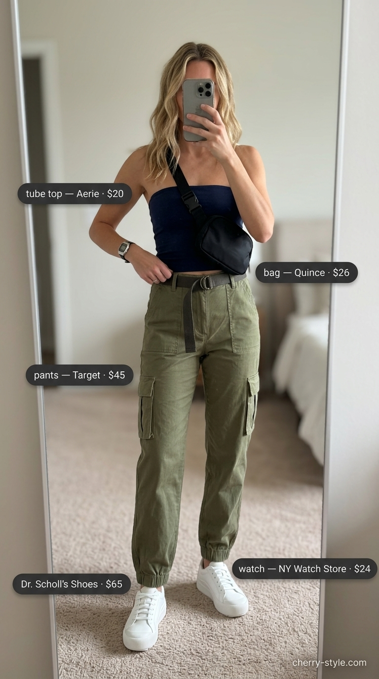 Sporty knit summer tube top outfits for women 2026: navy seamless tube top, olive cargo pants, white sneakers.