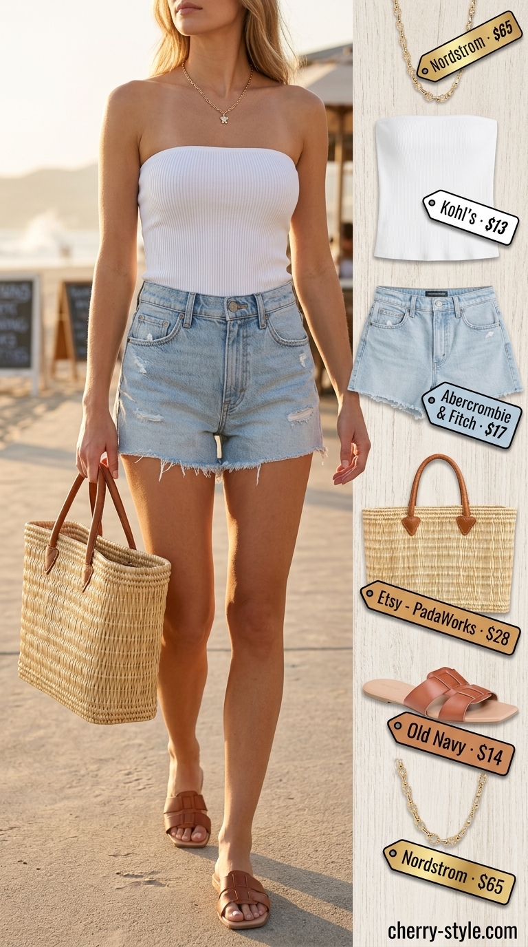 Knit summer tube top outfits for women 2026: White tube top with denim shorts, straw tote, and slide sandals for a relaxed beach look.