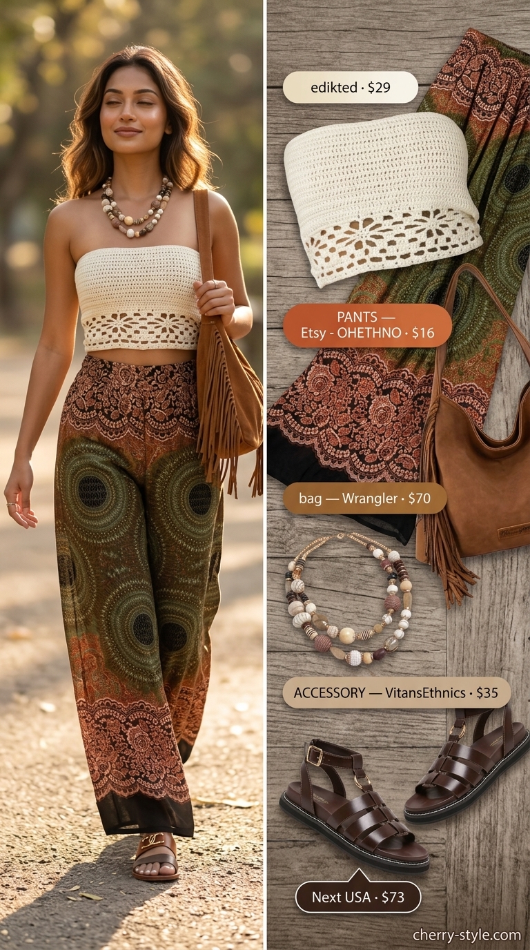 Cream knit summer tube top outfits for women 2026 with floral palazzo pants and suede fringe bag.