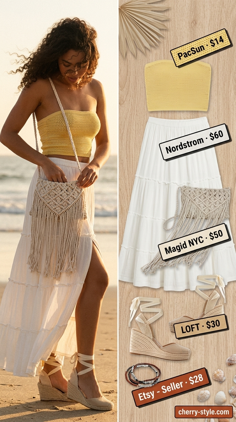 Knit summer tube top outfits for women 2026: Rust crochet tube top with flowy maxi skirt, espadrilles, and macrame bag for boho style.