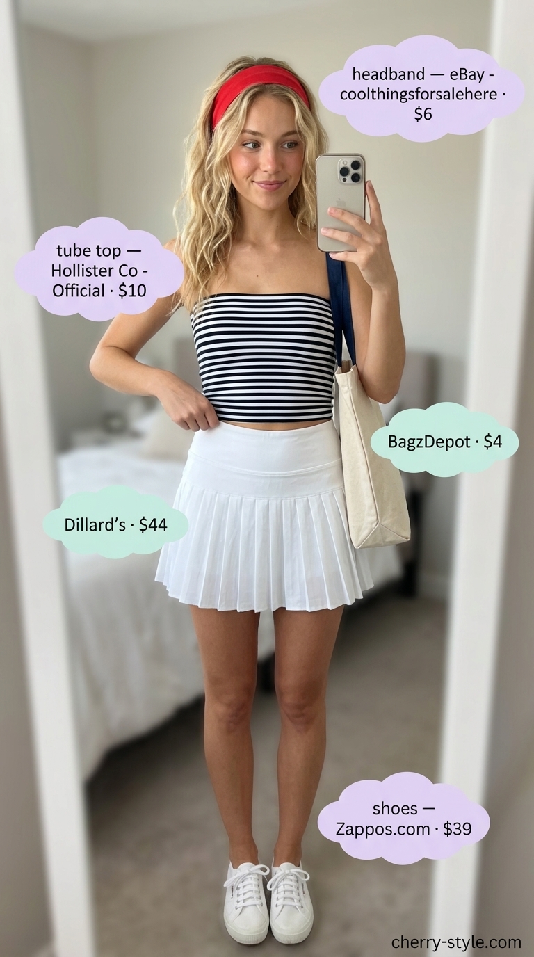 Navy stripe knit summer tube top outfits for women 2026 with white tennis skirt and canvas tote.
